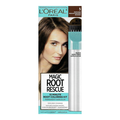 L'Oreal Magic Root Rescue 10-Minute Permanent Root Hair Coloring Kit (5 Medium Brown Shades) 100% Gray Coverage, Quick Fix Touch Up