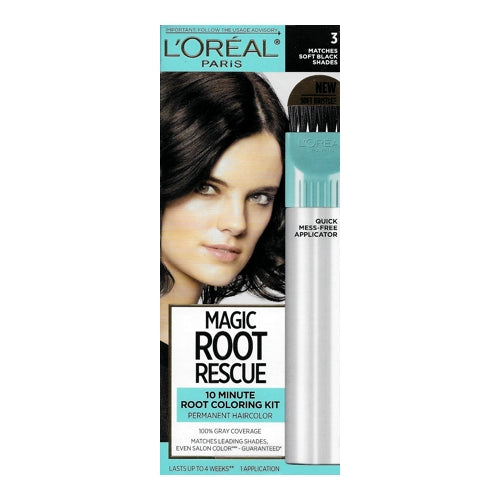 L'Oreal Magic Root Rescue 10-Minute Permanent Root Hair Coloring Kit (3 Soft Black) 100% Gray Coverage, Quick Fix Touch Up