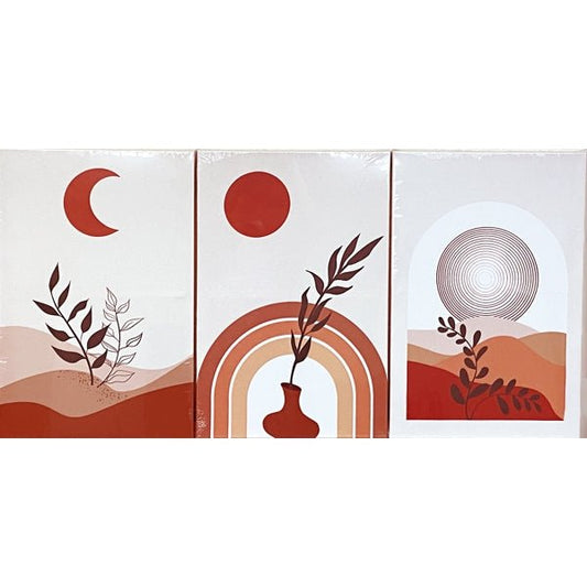 Abstract Sun and Moon 16" x 24" Canvas Picture Wall Art Set - Autumn Red (3 - Piece Set) Wood Frame, Ready - to - Hang - Dollar Fanatic