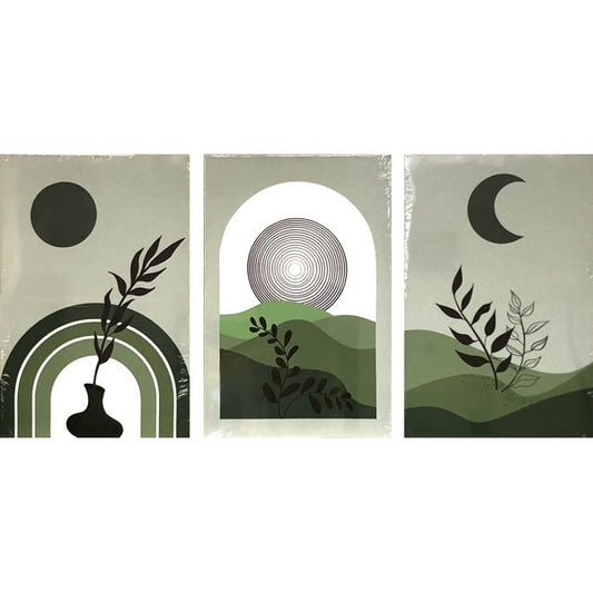 Abstract Sun and Moon Geometric Landscape 16" x 24" Canvas Wall Art - Sage Botanical (3-Piece Set) Wood Frame, Ready-to-Hang - Dollar Fanatic