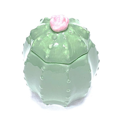 Ankyo Decorative Ceramic Cactus - Shaped Trinket Container with Lid - Cactus Green/Pink Flower (5" x 3.5" x 2.5") Shiny, Glazed Ceramic - Dollar Fanatic