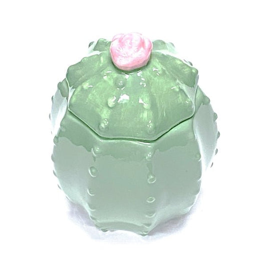 Ankyo Decorative Ceramic Cactus - Shaped Trinket Container with Lid - Cactus Green/Pink Flower (5" x 3.5" x 2.5") Shiny, Glazed Ceramic - Dollar Fanatic