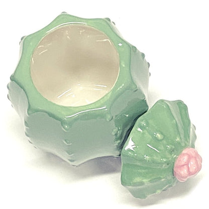 Ankyo Decorative Ceramic Cactus - Shaped Trinket Container with Lid - Cactus Green/Pink Flower (5" x 3.5" x 2.5") Shiny, Glazed Ceramic - Dollar Fanatic