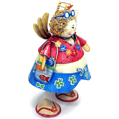 BeachCombers Bouncy Jiggle Beach Angel Metal Figurine - Polka Dot/Hibiscus Floral (9" x 6" x 4.5") - Dollar Fanatic