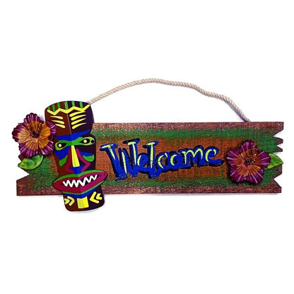 BeachCombers Tiki Wood Welcome Hanging Wall Sign (14.25" x 4") - Dollar Fanatic