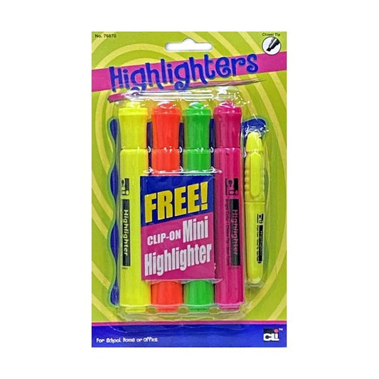 CLi Broad Chisel Tip Highlighter Markers plus Clip - On Mini Yellow Highlighter (4 + 1 Combo Pack) Assorted Colors - Yellow, Orange, Green, Pink - Dollar Fanatic