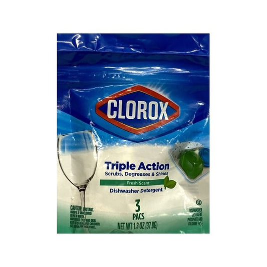 Clorox Triple Action Dishwasher Detergent Pacs - Fresh (3 Count) Scrubs, Degreases, and Shines - Dollar Fanatic