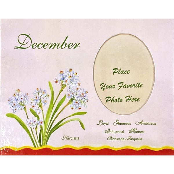 December Birthday Month Picture Frame - Narcissus (Holds 2.25" x 3" Photo) Includes Birth Flower, Birthstone, and Personality Traits - Dollar Fanatic