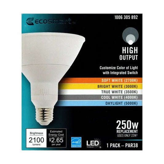 Ecosmart 22 Watt PAR38 High Output LED Flood Light Bulb (Integrated Switch on Light Bulb for Color Temp. Option) 250 Watt Replacement using only 22W - Dollar Fanatic