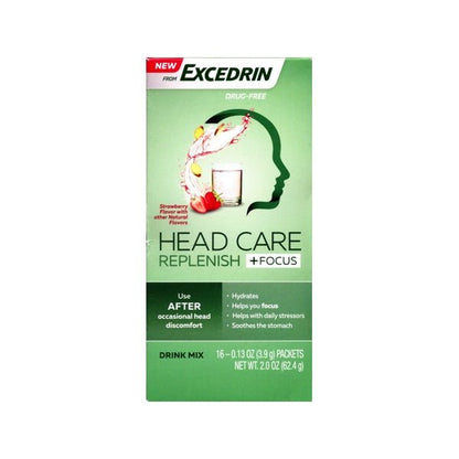 Excedrin Head Care Replenish Plus Focus Supplement Mix - Strawberry (16 Packets) Hydrates, Soothes Stomach, Caffeine for focus - Dollar Fanatic