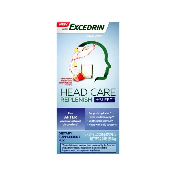 Excedrin Head Care Replenish Plus Sleep Supplement Mix - Strawberry (16 Packets) Hydration Support, Soothes Stomach, Fall Asleep and Wake Up Feeling Rested - Dollar Fanatic