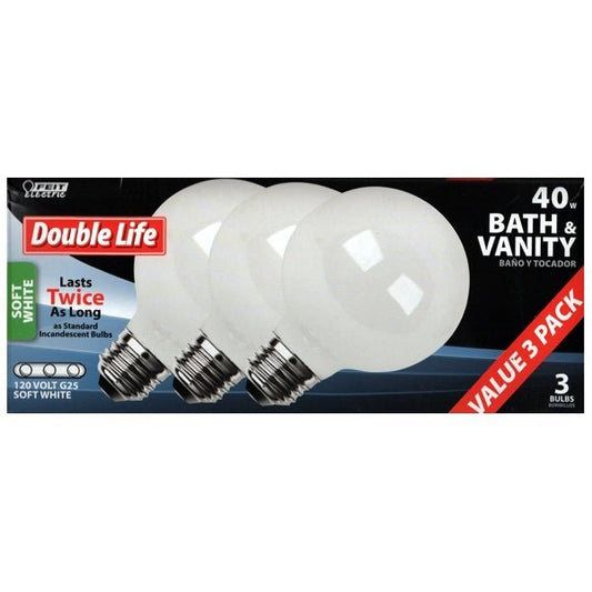 Feit Electric 40W Decorative Globe G25 Light Bulbs - Soft White (3 Pack) Bath and Vanity Light Bulbs - Dollar Fanatic