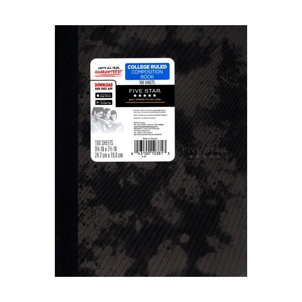 Five Star College Ruled Plastic Cover Composition Notebook - Tie Dye Black (100 Sheets) - Dollar Fanatic