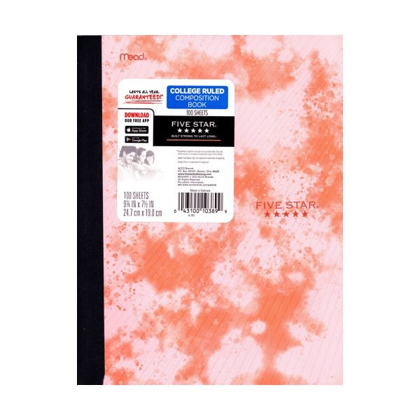 Five Star College Ruled Plastic Cover Composition Notebook - Tie Dye Pink (100 Sheets) - Dollar Fanatic