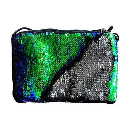 Flip Sequin Tablet Crossbody Handbag Purse - Blue Green/Matte Black (8.5" x 5.5") Soft, Furry Back and Furry, Padded Lining - Dollar Fanatic