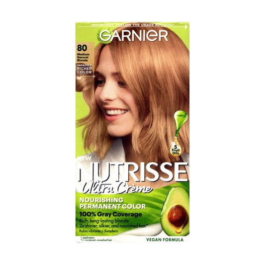 Garnier Nutrisse Ultra Creme Nourishing Permanent Hair Color Kit (80 Butternut - Medium Natural Blonde) 100% Gray Coverage, Vegan Formula - Dollar Fanatic