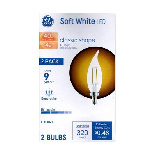 GE 4 Watt Dimmable Bent Tip Decorative CAC LED Light Bulbs - Clear (2 Pack) 40W replacement using only 4 Watts - Dollar Fanatic