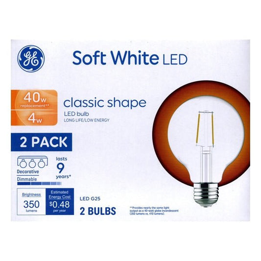 GE 4 Watt Dimmable Decorative Globe G25 LED Light Bulbs - Soft White (2 Pack) 40W Replacement Bulb using only 4W - Dollar Fanatic