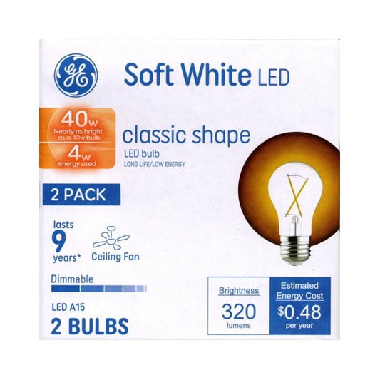 GE 4W Dimmable A15 LED Light Bulbs - Clear (2 Pack) 40W replacement using only 4 Watts - Dollar Fanatic