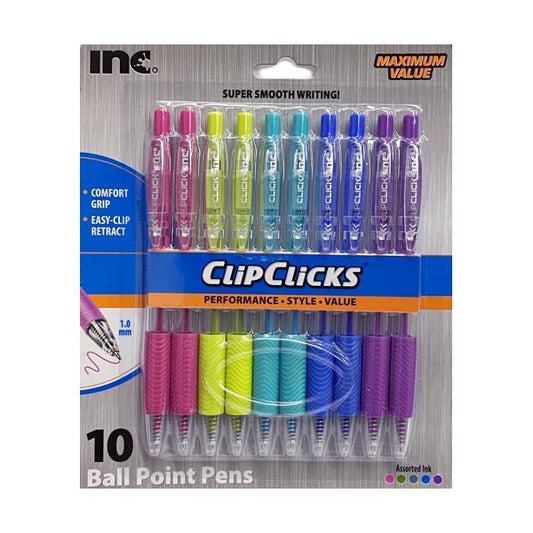 Inc. ClipClicks Retractable Ball Point Pens - Assorted Bright Colors (10 Pack) 1.0mm Point, Comfort Grip - Dollar Fanatic