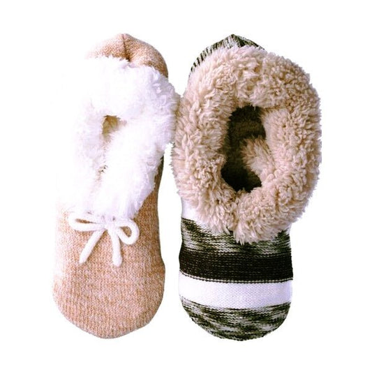 JoySpun Furry Knit Slipper Socks - Beige/Green Brown Stripes (2-Pair Pack) Women's Size 4-10 - Dollar Fanatic