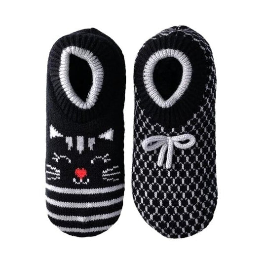 JoySpun Knit Ankle Slipper Socks - Black Cat/Charcoal Gray (2-Pair Pack) Women's Size 4-10 - Dollar Fanatic