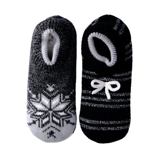 JoySpun Knit Ankle Slipper Socks - Black Stripes/Snowflakes (2-Pair Pack) Women's Size 4-10 - Dollar Fanatic