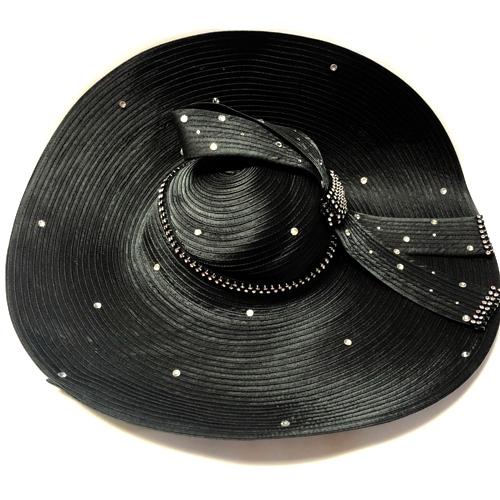 June's Young Black Wide Brim Fashion Hat with Bow & Rhinestones (22" Dia.) Elegant Hat - Dollar Fanatic