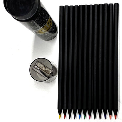 Kinda Kidding Black Wooden Colored Pencils and Sharpener Set (14 - Piece Set) - Dollar Fanatic