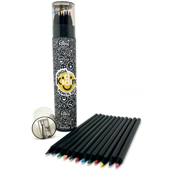 Kinda Kidding Black Wooden Colored Pencils and Sharpener Set (14 - Piece Set) - Dollar Fanatic