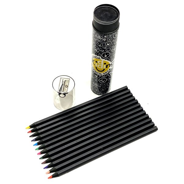 Kinda Kidding Black Wooden Colored Pencils and Sharpener Set (14 - Piece Set) - Dollar Fanatic