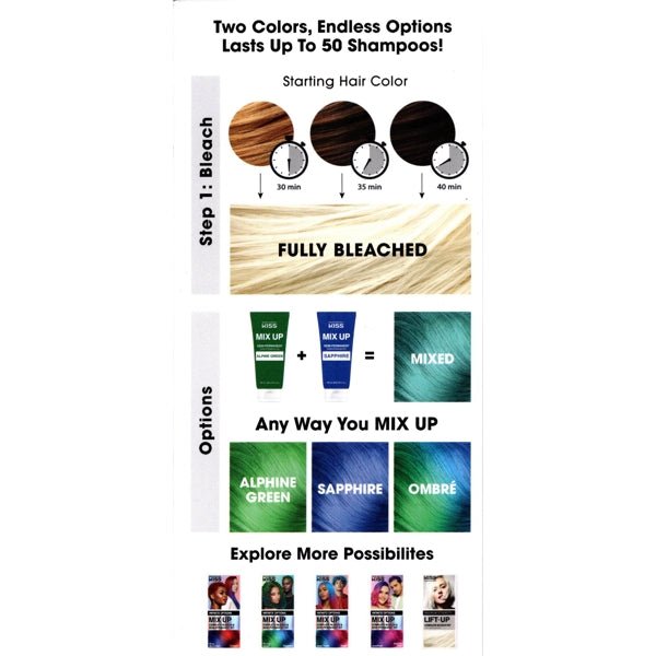 Kiss Mix - Up Complete Bleach and Semi - Permanent Hair Color Kit - Alpine Green/Sapphire Blue (7 - Piece Hair Color Kit) Infinite Color Combo Options - Dollar Fanatic