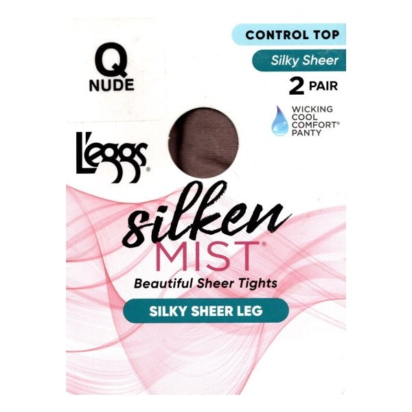 L'eggs Silken Mist Silky Sheer Control Top Pantyhose Size Q - Nude (2 Pair Pack) Wicking Cool Comfort Panty and Leg - Dollar Fanatic