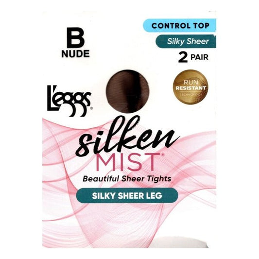 L'eggs Silken Mist Silky Sheer Run Resistant Control Top Pantyhose Size B - Nude (2 Pair Pack) - Dollar Fanatic