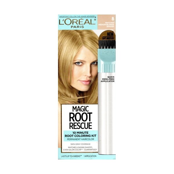 L'Oreal Magic Root Rescue 10 - Minute Permanent Root Hair Coloring Kit (8 Medium Blonde Shades) 100% Gray Coverage, Quick Fix Touch Up - Dollar Fanatic