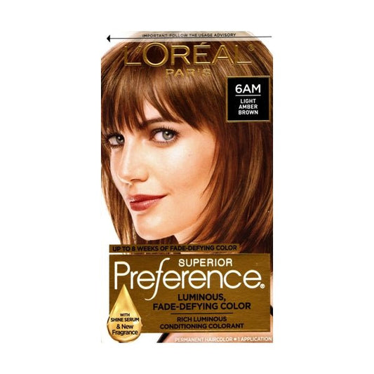 L'Oreal Superior Preference Fade - Defying Color + Shine System Permanent Hair Color Kit (6AM Light Amber Brown) - Dollar Fanatic