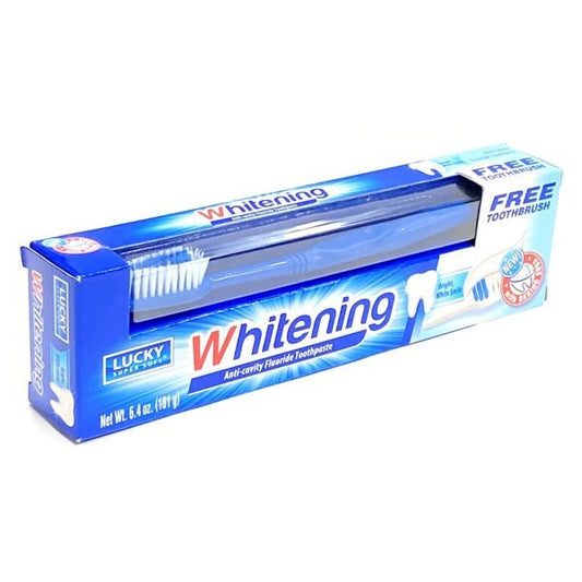 Lucky Anti - Cavity Fluoride Toothpaste with Toothbrush - Whitening (Net Wt. 6.4 oz.) - Dollar Fanatic