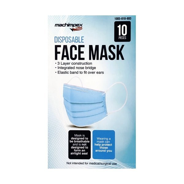 Machimpex Adult 3 - Ply Disposable Protective Face Masks with Ear Loops (10 Pack) - Dollar Fanatic