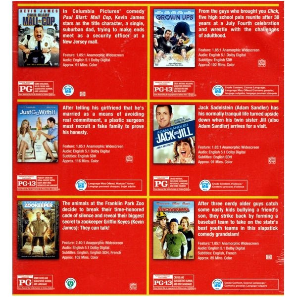 Mall Cop/Grown Ups/Just Go With It/Jack and Jill/Zookeeper/The Benchwarmers - Laugh Out Loud 6 - Movie Collection (DVD Set) - Dollar Fanatic