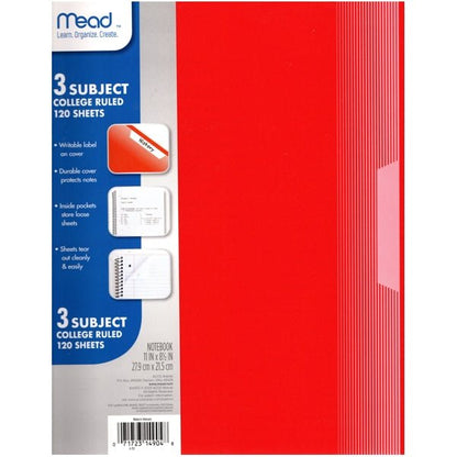 Mead 3 - Subject College Ruled Plastic Cover Spiral Notebook - Writable Label (120 Sheets) Colors Vary - Dollar Fanatic