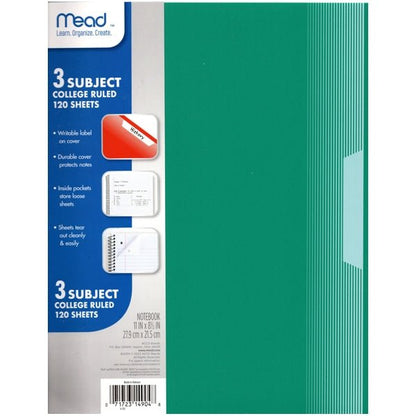 Mead 3 - Subject College Ruled Plastic Cover Spiral Notebook - Writable Label (120 Sheets) Colors Vary - Dollar Fanatic