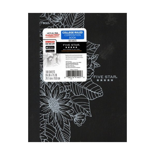 Mead Five Star College Ruled Plastic Cover Composition Notebook - Floral/Black (100 Sheets) - Dollar Fanatic