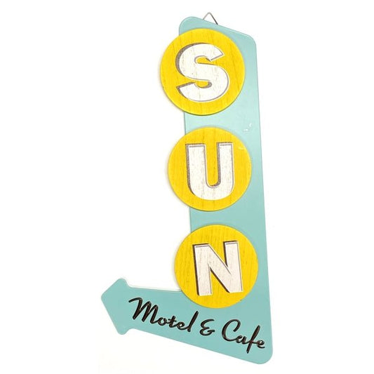 Newclassic Sun Motel and Cafe Novelty Wood and Metal Wall Sign Decor - Yellow/Green (16" X 7.5") - Dollar Fanatic