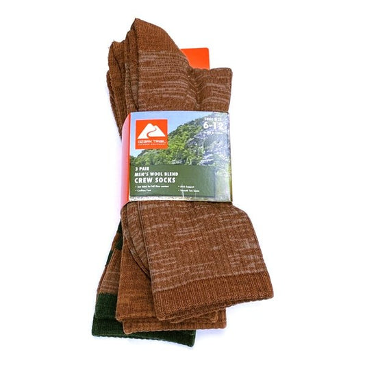 Ozark Trail Men's Wool Blend Crew Socks Set - Cognac Brown (3 - Pair Set) Fits Men's Shoe Size 6 - 12 - Dollar Fanatic