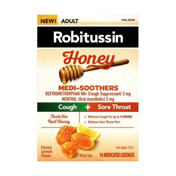 Robitussin Adult Honey Medi - Soothers Cough/Sore Throat Medicated Lozenges - Honey Lemon (16 Pack) Relieves Cough and Sore Throat Pain - Dollar Fanatic