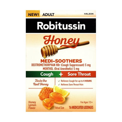 Robitussin Adult Honey Medi - Soothers Cough/Sore Throat Medicated Lozenges - Honey Lemon (16 Pack) Relieves Cough and Sore Throat Pain - Dollar Fanatic