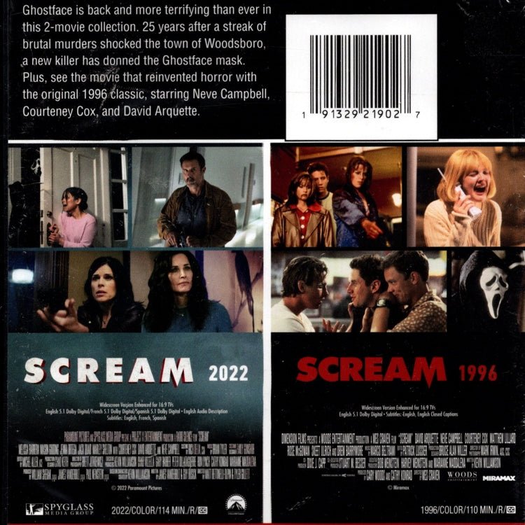 Scream 1 and 5 (2 - Movie DVD Collection) Starring Melissa Barrera, Mason Gooding, Jenna Ortega, Neve Campbell, Courteney Cox, David Arquette - Dollar Fanatic