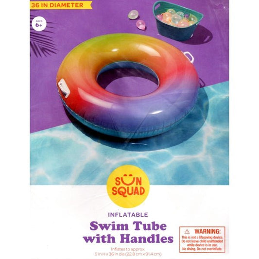 Sun Squad Inflatable Pool Float Tube with Handles - Rainbow/Blue (Inflates to 36" dia. x 9") - Dollar Fanatic