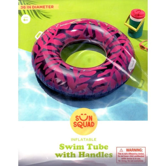 Sun Squad Inflatable Pool Float Tube with Handles - Tropical Pink/Purple (Inflates to 36" dia. x 9") For ages 6+ - Dollar Fanatic