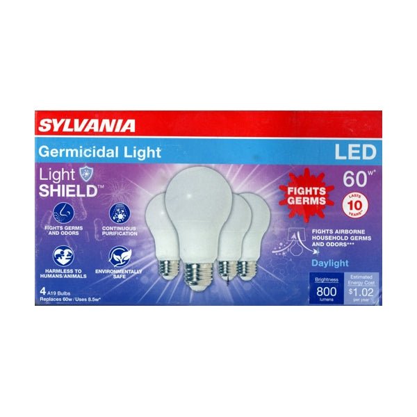 Sylvania 8.5W Germicidal Light A19 LED Light Bulbs - Daylight (4 Pack) Fights Germs and Odors - Dollar Fanatic